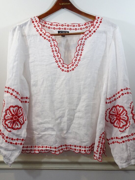 J. Crew Embroidered Tunic Linen Red White Size XL Boxy V-Neck Flowy Peasant - Picture 1 of 9